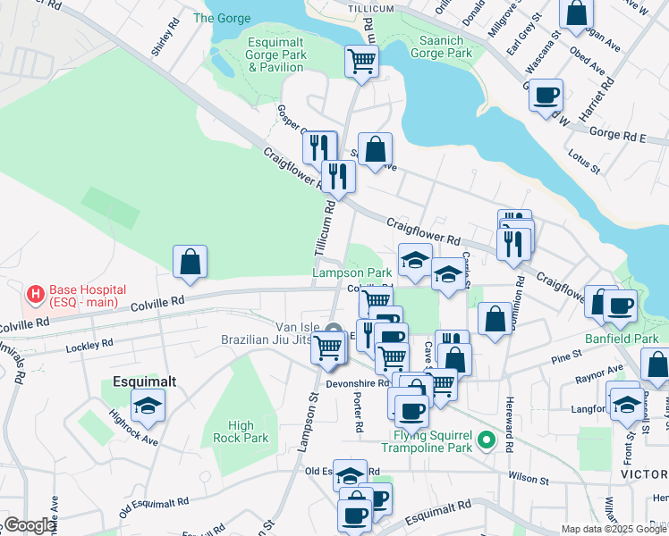 map of restaurants, bars, coffee shops, grocery stores, and more near 860 Lampson Street in Victoria
