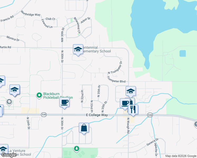 map of restaurants, bars, coffee shops, grocery stores, and more near 3402 Trumpeter Drive in Mount Vernon