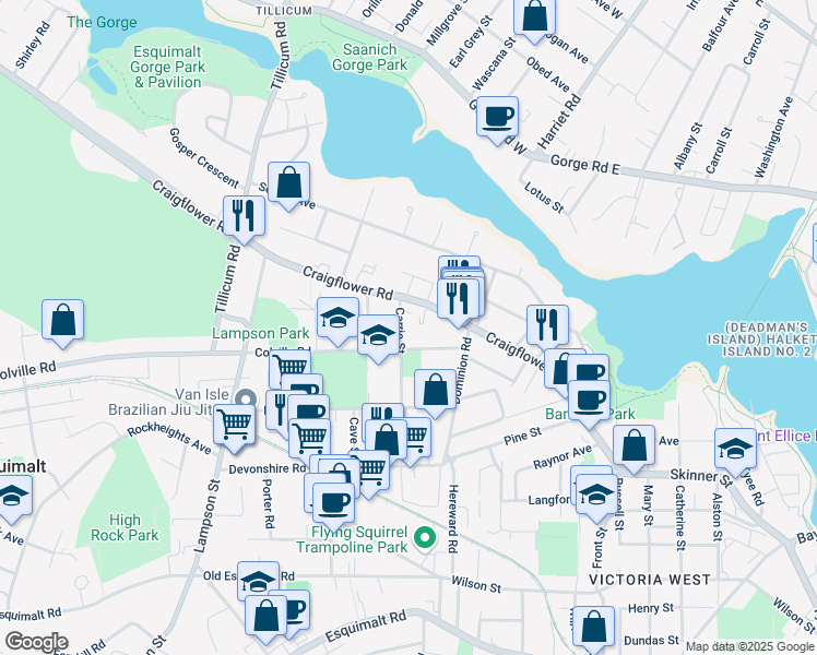 map of restaurants, bars, coffee shops, grocery stores, and more near 859 Carrie Street in Victoria