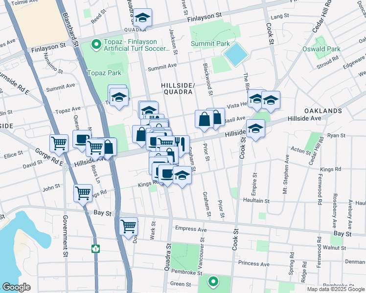 map of restaurants, bars, coffee shops, grocery stores, and more near 1055 Hillside Avenue in Victoria