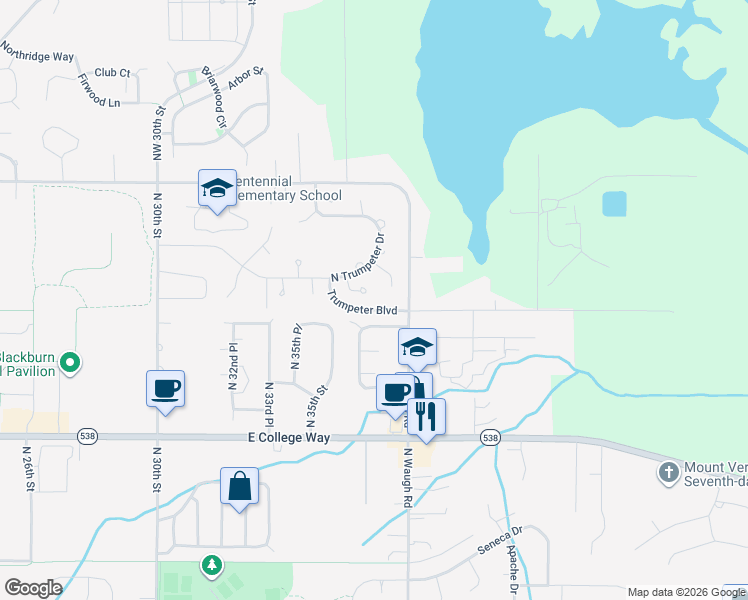 map of restaurants, bars, coffee shops, grocery stores, and more near 3620 Trumpeter Place in Mount Vernon