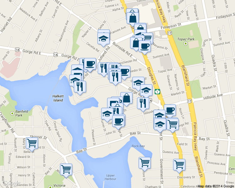 map of restaurants, bars, coffee shops, grocery stores, and more near 2920 Bridge Street in Victoria