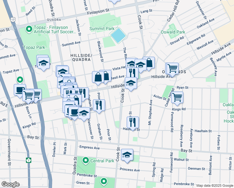 map of restaurants, bars, coffee shops, grocery stores, and more near 2646 Cook Street in Victoria
