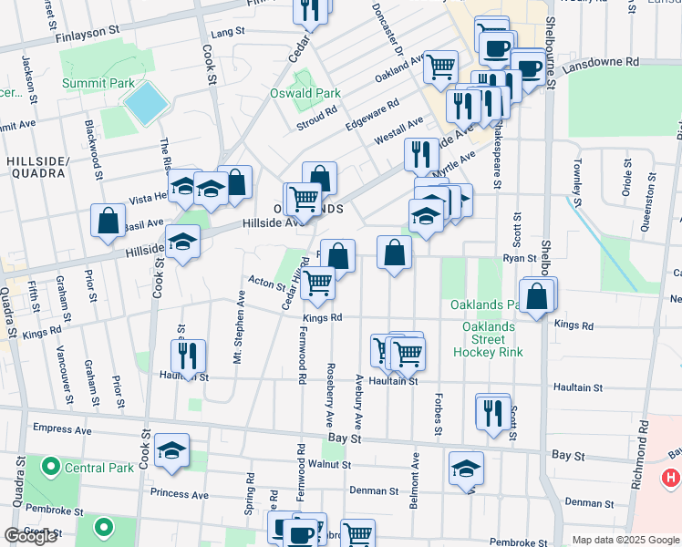 map of restaurants, bars, coffee shops, grocery stores, and more near 2751 Roseberry Avenue in Victoria