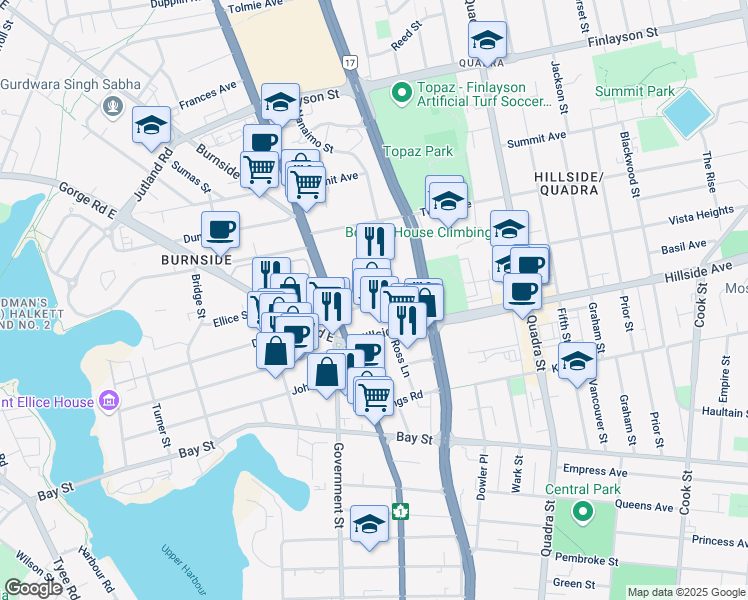 map of restaurants, bars, coffee shops, grocery stores, and more near 748 Quesnel Street in Victoria
