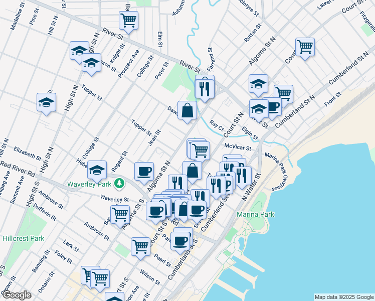 map of restaurants, bars, coffee shops, grocery stores, and more near 34 Royston Court in Thunder Bay
