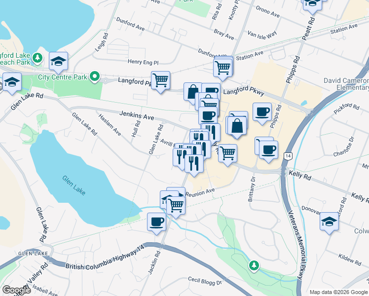 map of restaurants, bars, coffee shops, grocery stores, and more near 935 Avrill Road in Victoria