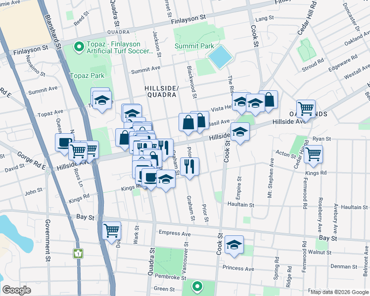 map of restaurants, bars, coffee shops, grocery stores, and more near 2680 Prior Street in Victoria