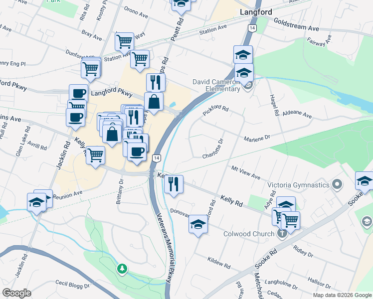 map of restaurants, bars, coffee shops, grocery stores, and more near 2819 Pickford Road in Victoria