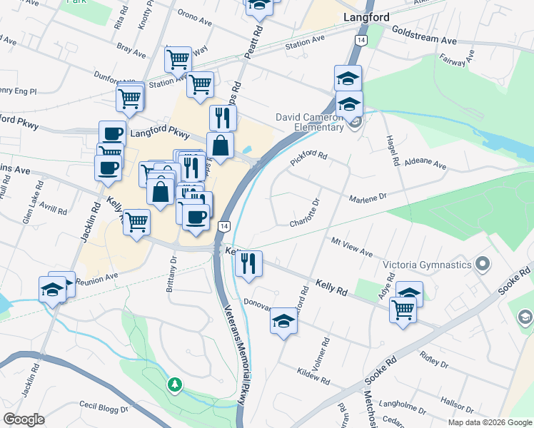 map of restaurants, bars, coffee shops, grocery stores, and more near 2819 Pickford Road in Victoria
