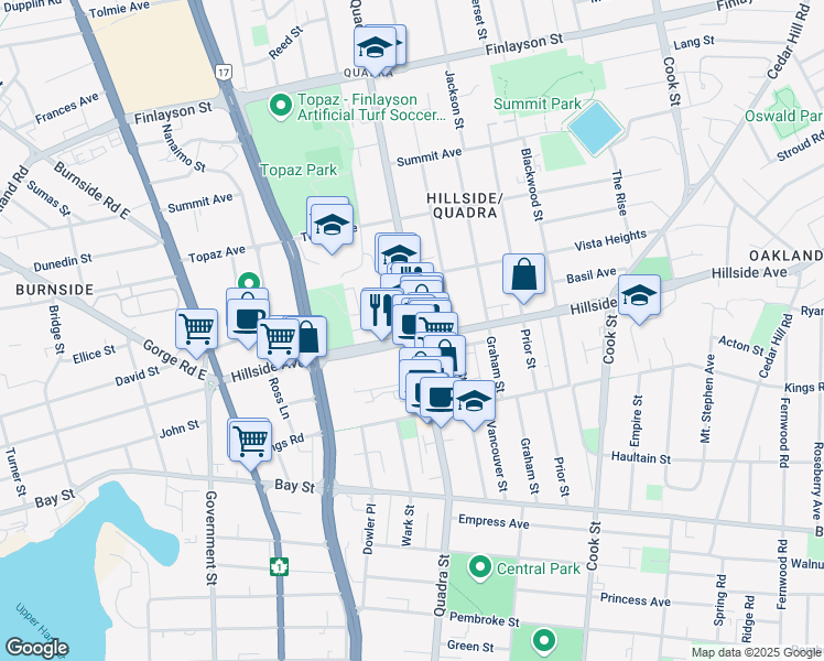 map of restaurants, bars, coffee shops, grocery stores, and more near in Victoria