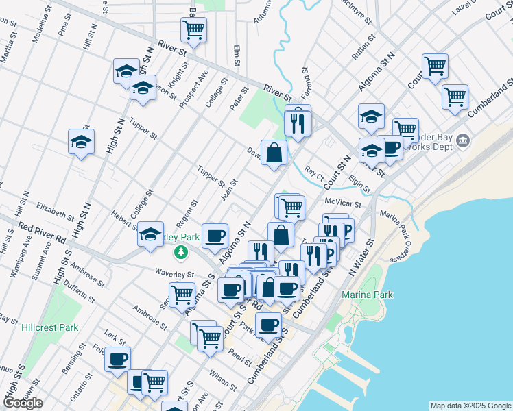 map of restaurants, bars, coffee shops, grocery stores, and more near 86 Algoma Street North in Thunder Bay
