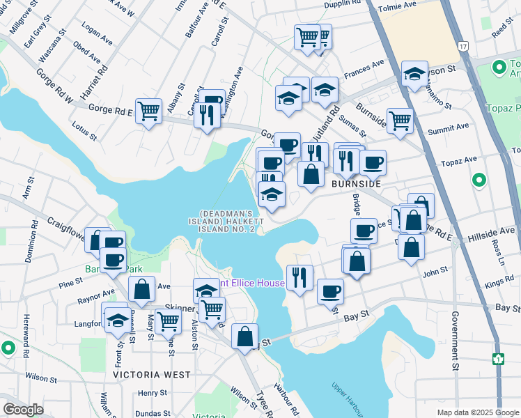 map of restaurants, bars, coffee shops, grocery stores, and more near 2950 Jutland Road in Victoria