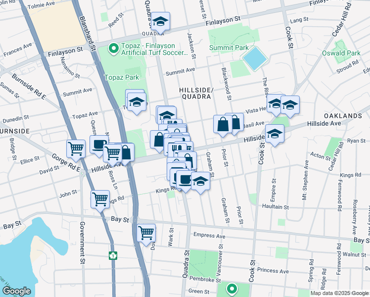 map of restaurants, bars, coffee shops, grocery stores, and more near in Victoria