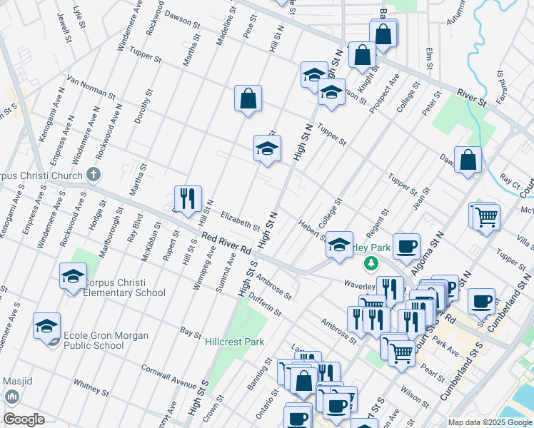 map of restaurants, bars, coffee shops, grocery stores, and more near 48 High Street North in Thunder Bay