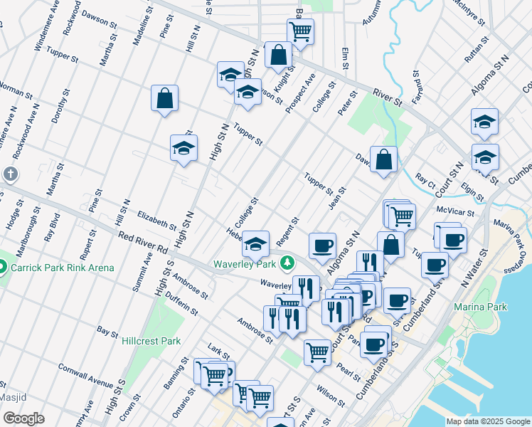 map of restaurants, bars, coffee shops, grocery stores, and more near 40 Peter Street in Thunder Bay
