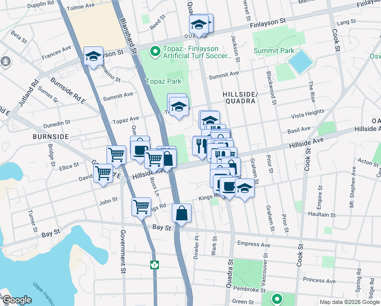 map of restaurants, bars, coffee shops, grocery stores, and more near 909 Market Street in Victoria
