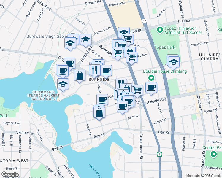 map of restaurants, bars, coffee shops, grocery stores, and more near 577 Gorge Road East in Victoria