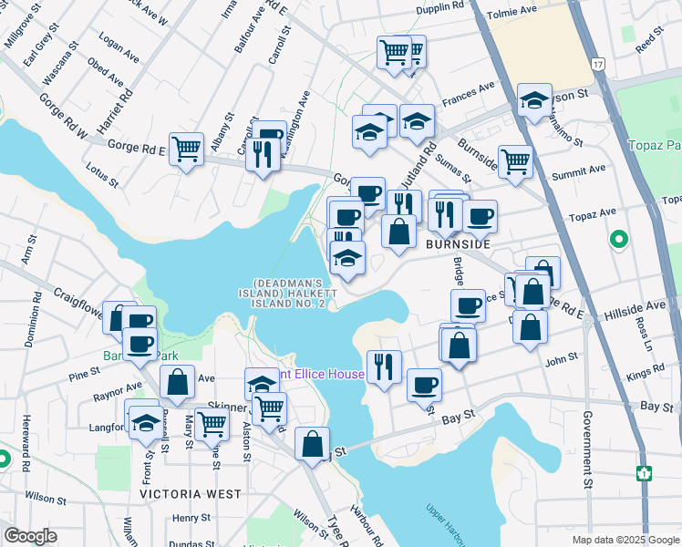 map of restaurants, bars, coffee shops, grocery stores, and more near 2960 Jutland Road in Victoria