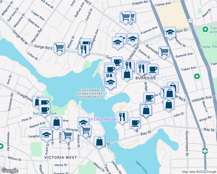 map of restaurants, bars, coffee shops, grocery stores, and more near 2950 Jutland Road in Victoria