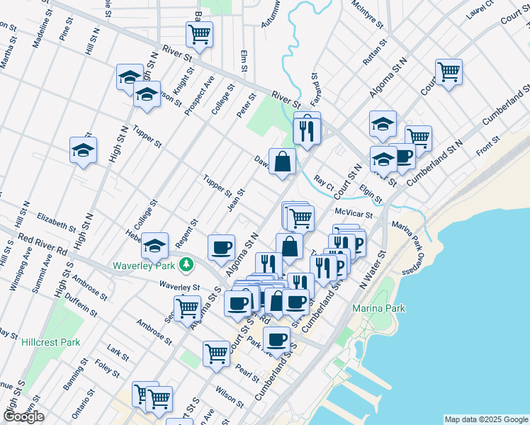 map of restaurants, bars, coffee shops, grocery stores, and more near 86 Algoma Street North in Thunder Bay