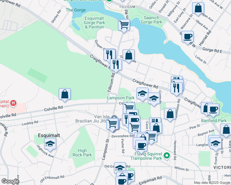 map of restaurants, bars, coffee shops, grocery stores, and more near 870 Lampson Street in Victoria
