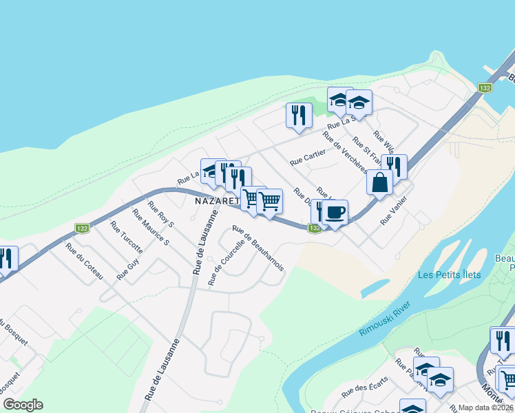 map of restaurants, bars, coffee shops, grocery stores, and more near 468 Boulevard Saint Germain in Rimouski