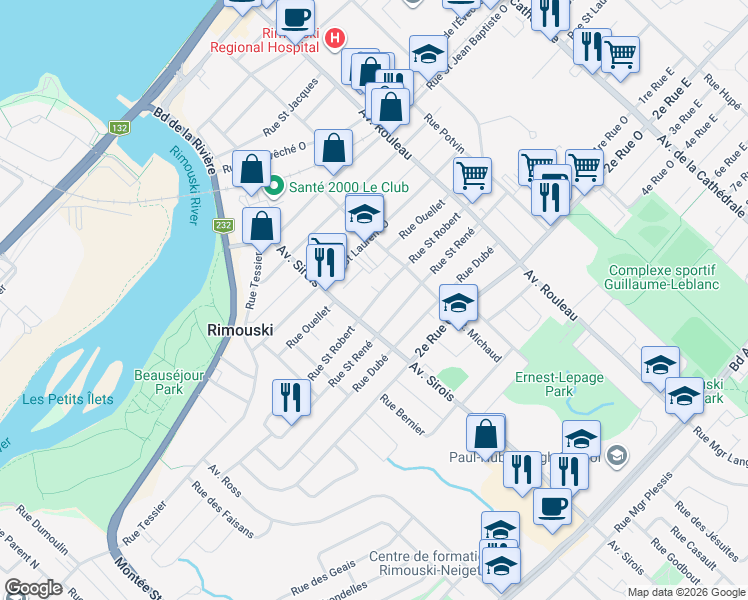 map of restaurants, bars, coffee shops, grocery stores, and more near Rue Saint Robert in Rimouski