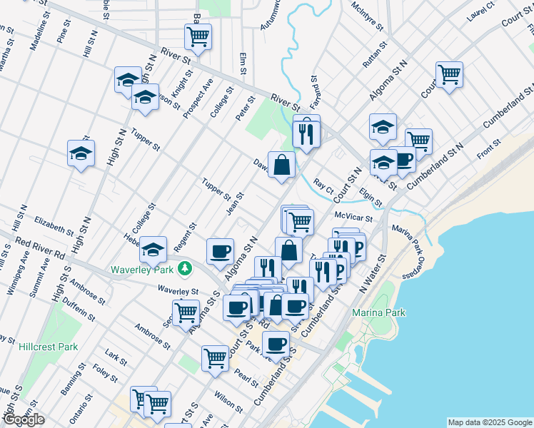 map of restaurants, bars, coffee shops, grocery stores, and more near 94 Algoma Street North in Thunder Bay