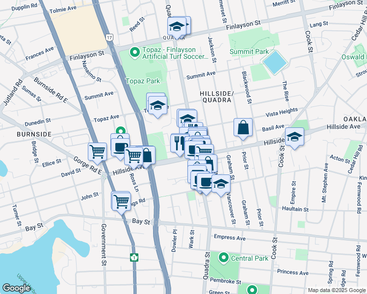 map of restaurants, bars, coffee shops, grocery stores, and more near 971 Market Street in Victoria