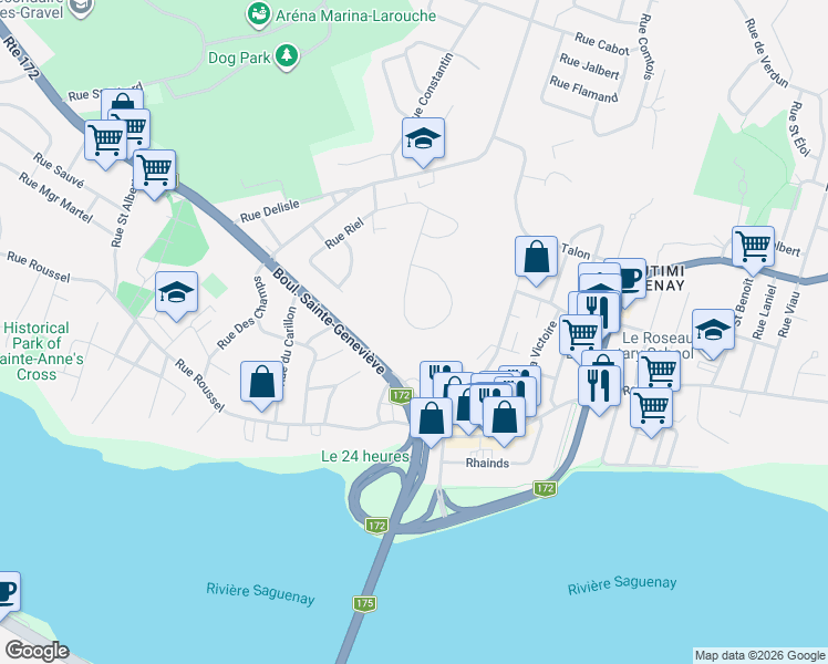 map of restaurants, bars, coffee shops, grocery stores, and more near Rue Saint Nicolas in Saguenay