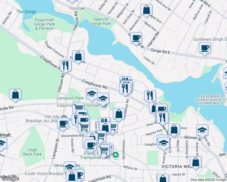 map of restaurants, bars, coffee shops, grocery stores, and more near 843 Craigflower Road in Victoria