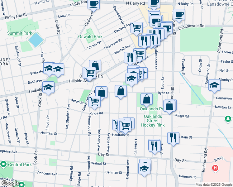 map of restaurants, bars, coffee shops, grocery stores, and more near 1415 Ryan Street in Victoria