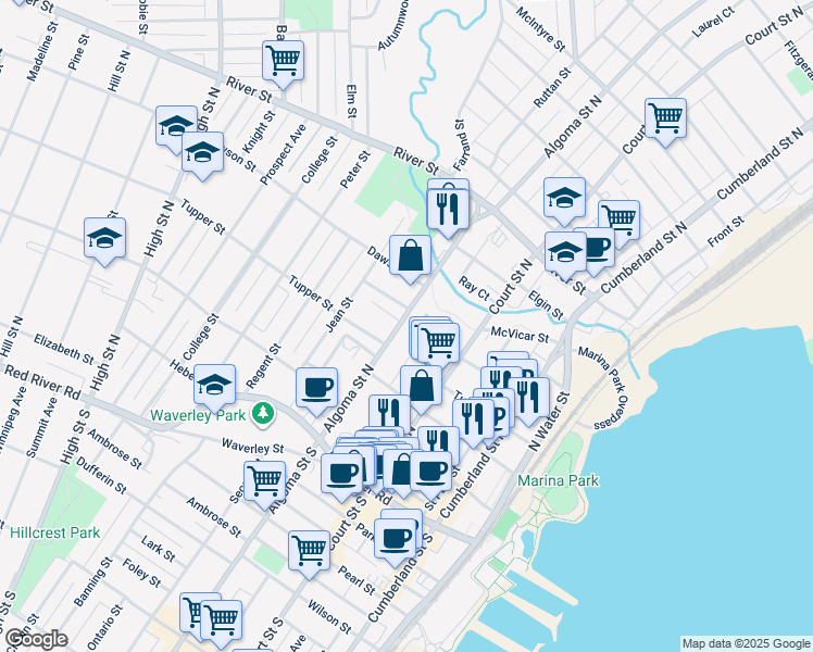 map of restaurants, bars, coffee shops, grocery stores, and more near 34 Royston Court in Thunder Bay