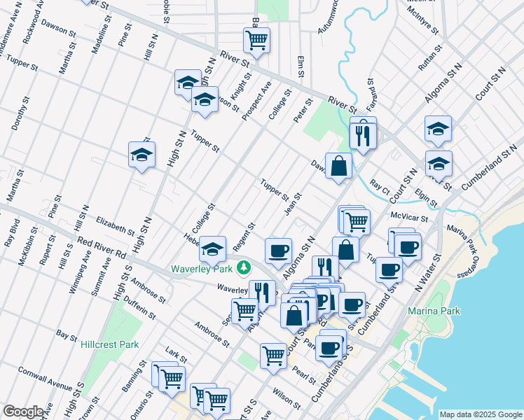 map of restaurants, bars, coffee shops, grocery stores, and more near Regent Street in Thunder Bay