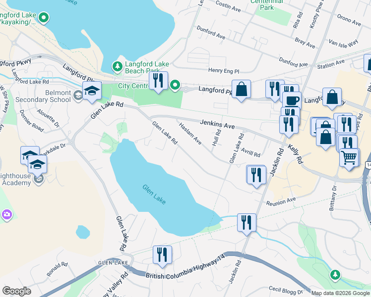 map of restaurants, bars, coffee shops, grocery stores, and more near 2959 Glen Lake Road in Victoria
