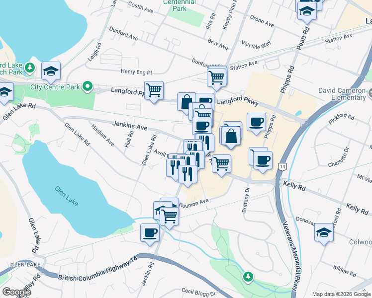 map of restaurants, bars, coffee shops, grocery stores, and more near 935 Avrill Road in Victoria