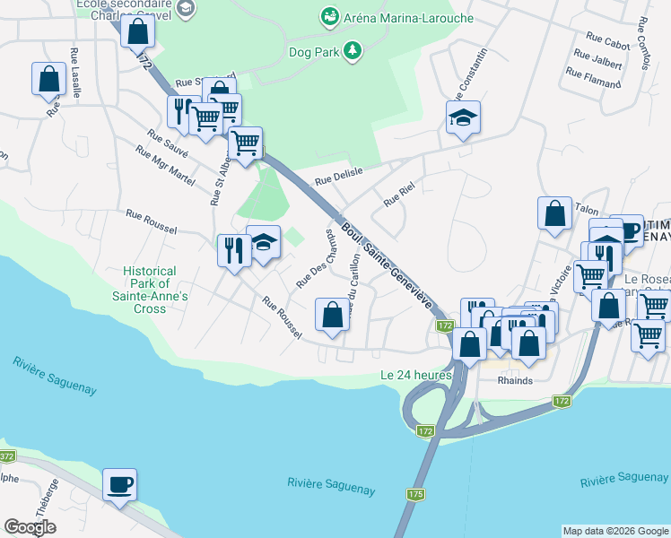 map of restaurants, bars, coffee shops, grocery stores, and more near 418 Rue Masson in Saguenay
