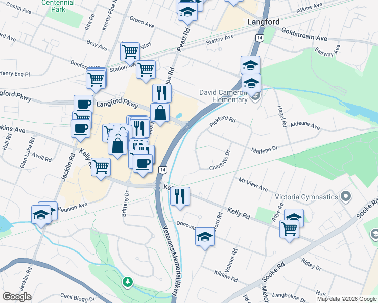 map of restaurants, bars, coffee shops, grocery stores, and more near 2819 Pickford Road in Victoria