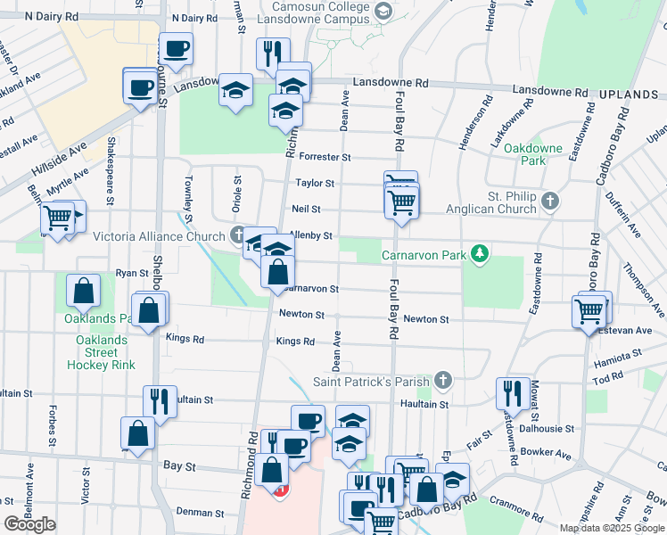 map of restaurants, bars, coffee shops, grocery stores, and more near 1899 Townley Street in Victoria