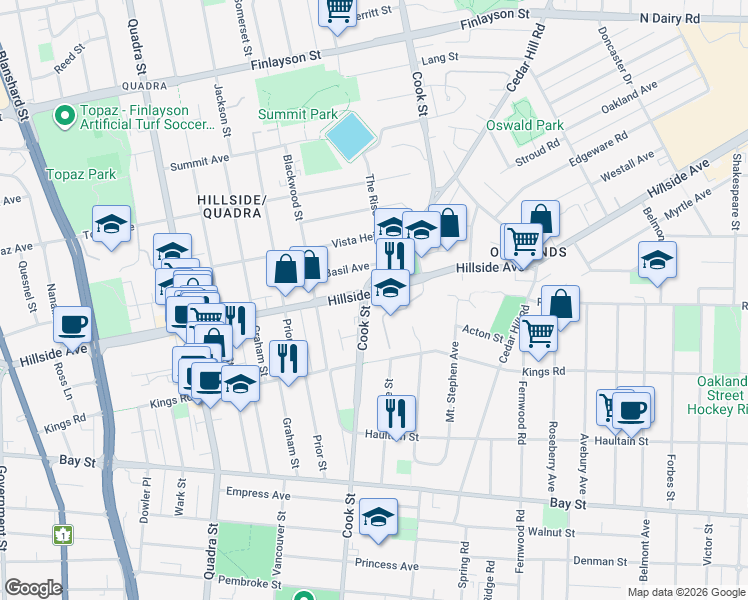 map of restaurants, bars, coffee shops, grocery stores, and more near 1301 Hillside Avenue in Victoria