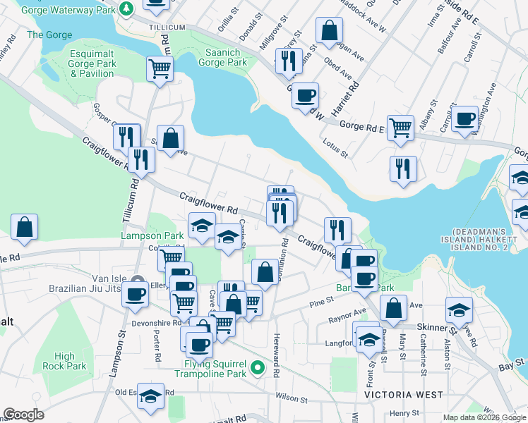 map of restaurants, bars, coffee shops, grocery stores, and more near 812 Craigflower Road in Victoria
