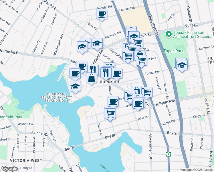 map of restaurants, bars, coffee shops, grocery stores, and more near 483 Garbally Road in Victoria