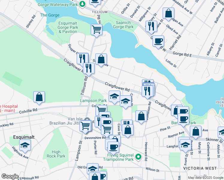 map of restaurants, bars, coffee shops, grocery stores, and more near 892 Craigflower Road in Victoria