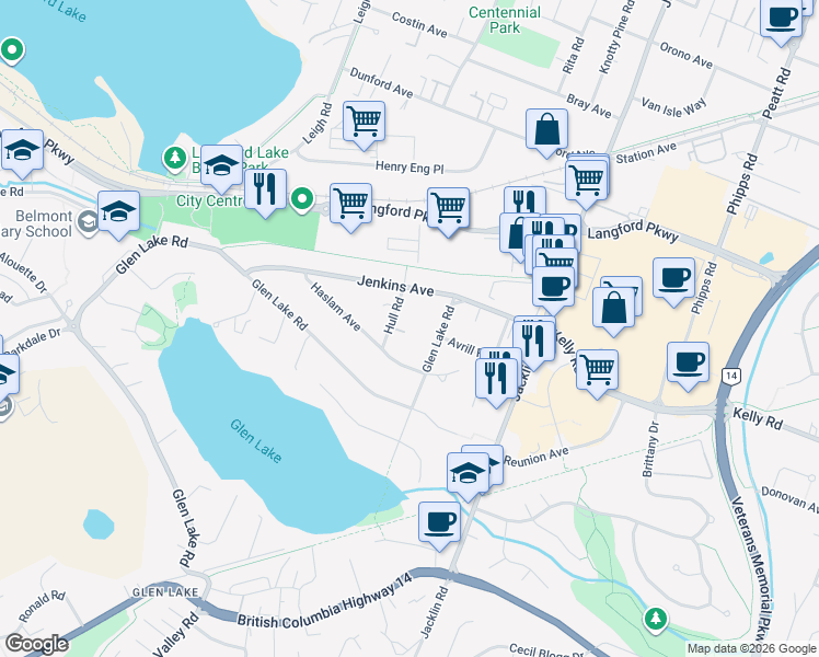 map of restaurants, bars, coffee shops, grocery stores, and more near 3016 Hull Road in Victoria