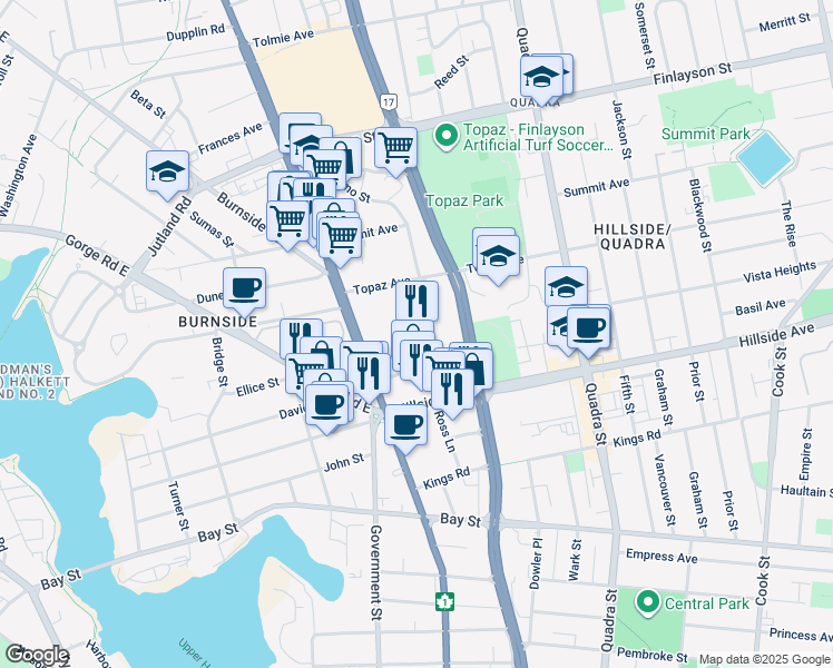 map of restaurants, bars, coffee shops, grocery stores, and more near 2829 Quesnel Street in Victoria