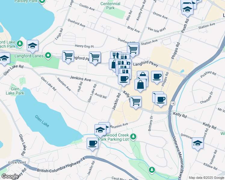 map of restaurants, bars, coffee shops, grocery stores, and more near 917 Avrill Road in Victoria