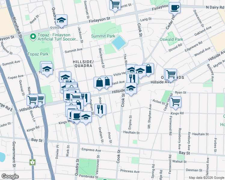map of restaurants, bars, coffee shops, grocery stores, and more near 1216 Hillside Avenue in Victoria