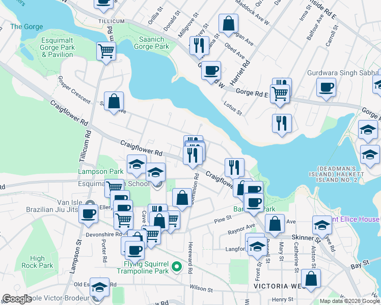 map of restaurants, bars, coffee shops, grocery stores, and more near Arm Street in Victoria