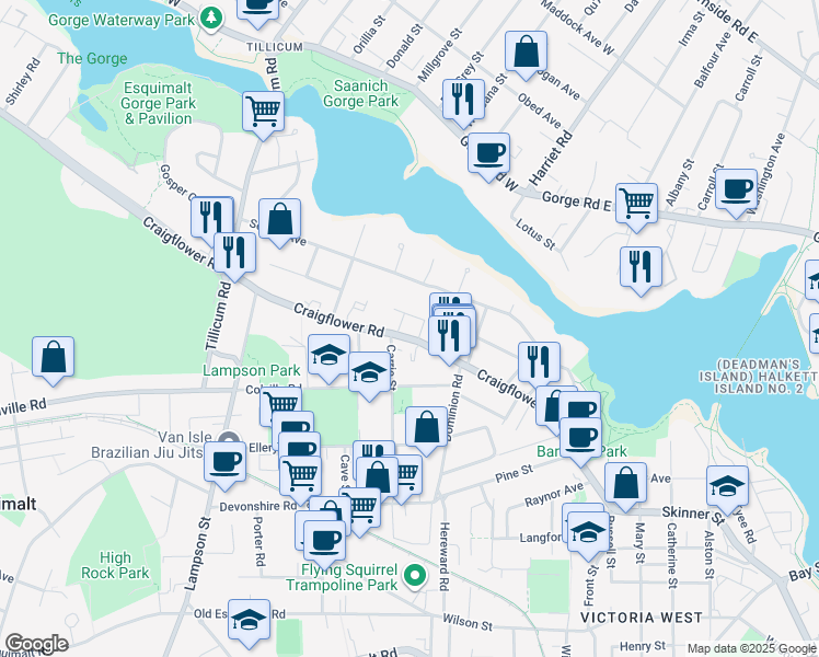 map of restaurants, bars, coffee shops, grocery stores, and more near 820 Craigflower Road in Victoria